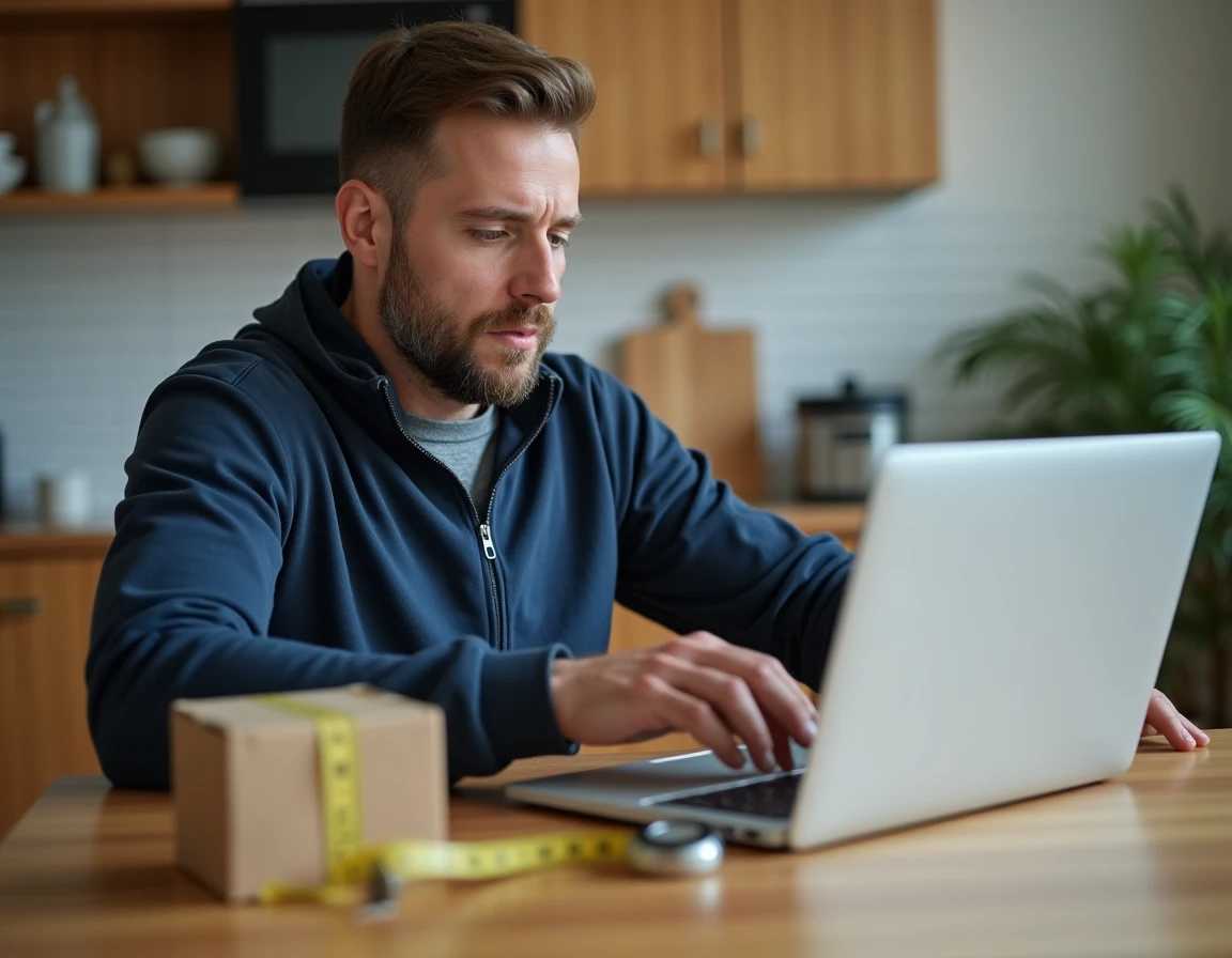 Homme consultant les prix d'envoi de colis Mondial Relay sur un ordinateur portable à la maison