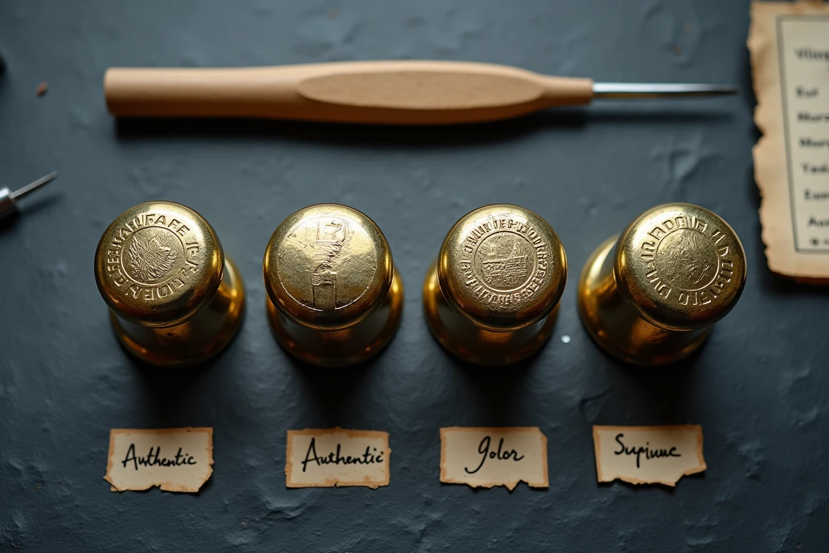 Comparaison de vraies et fausses capsules de champagne posées sur ardoise pour authentification