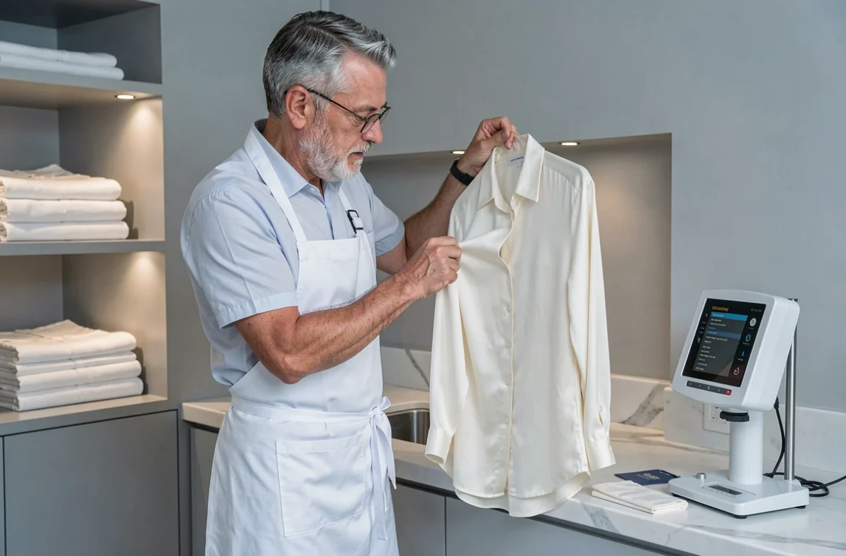 Employé du Comptoir des Blanchisseurs dans le 16e arrondissement inspectant une blouse en soie avec soin