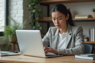 Femme confuse comparant deux sites web sur des écrans d'ordinateur portables dans un bureau moderne