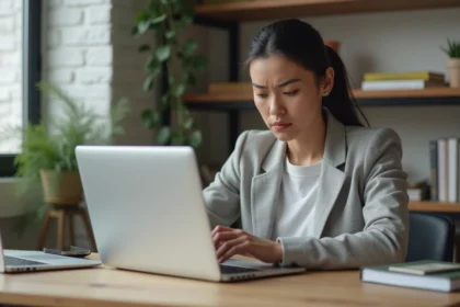 Femme confuse comparant deux sites web sur des écrans d'ordinateur portables dans un bureau moderne