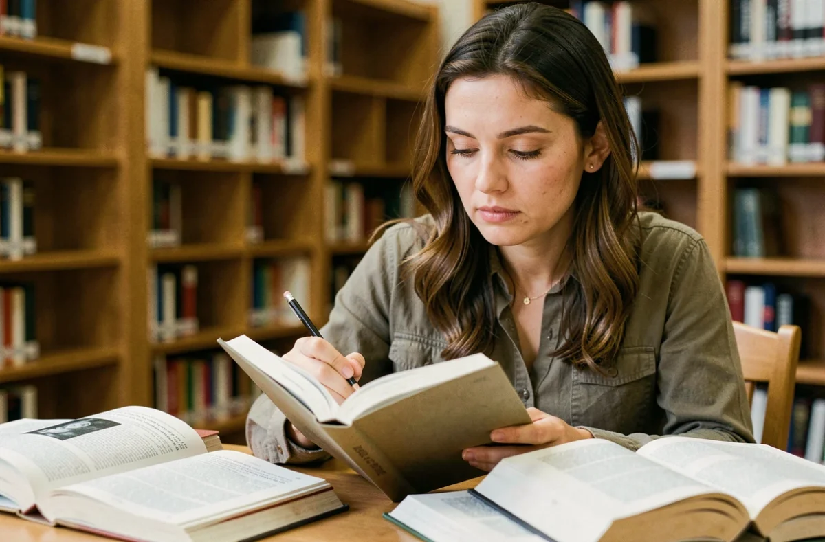 Une femme étudiant les mécanismes de manipulation dans des livres de psychologie à une table de bibliothèque