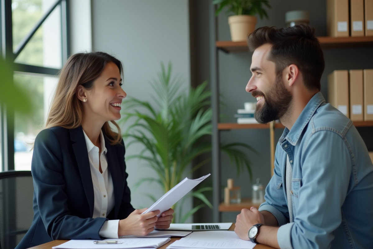 Conseillère en assurance discutant avec un artisan dans un bureau moderne