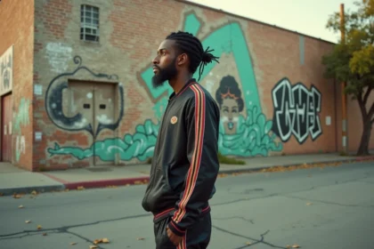 Homme en tenue années 90 devant une fresque murale urbaine à Los Angeles, évoquant l'univers du rap Gangsta et l'histoire derrière Gangsta's Paradise de Coolio