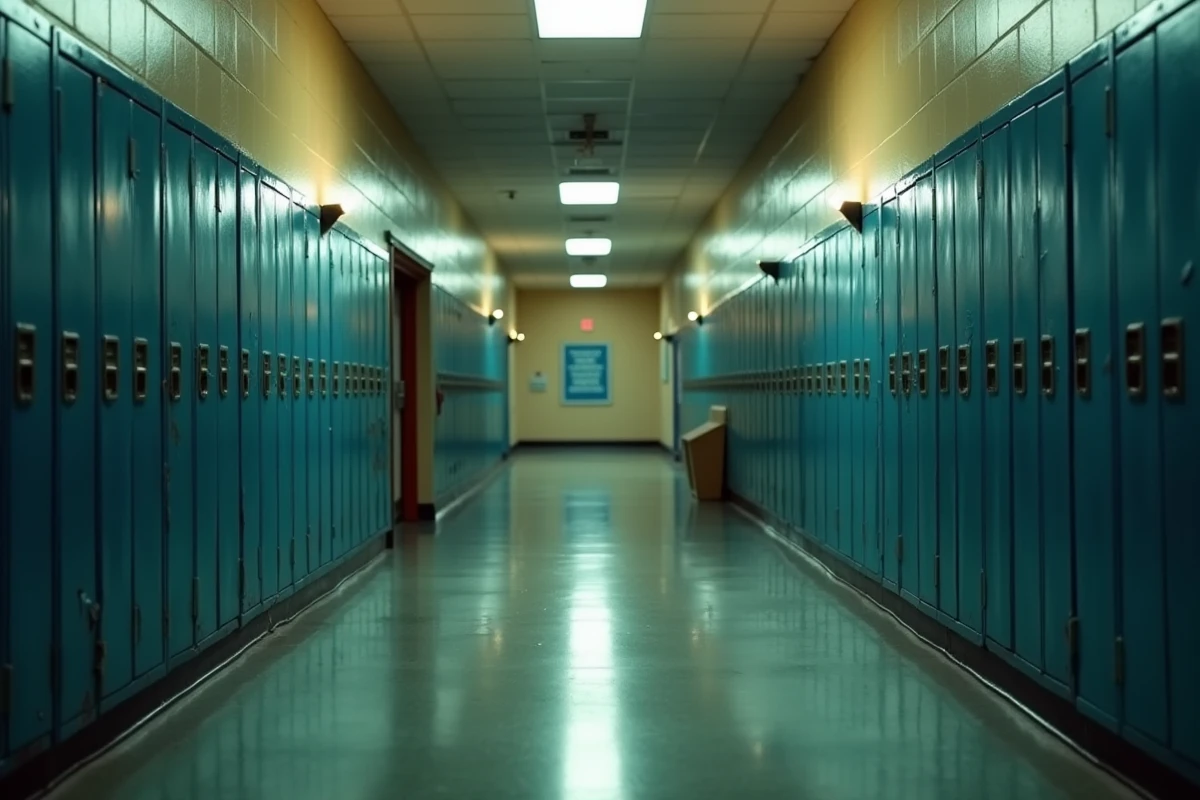 Couloir désert d'un lycée urbain américain avec casiers métalliques abîmés, symbolisant les thèmes de l'espoir et de la difficulté sociale explorés dans Gangsta's Paradise de Coolio