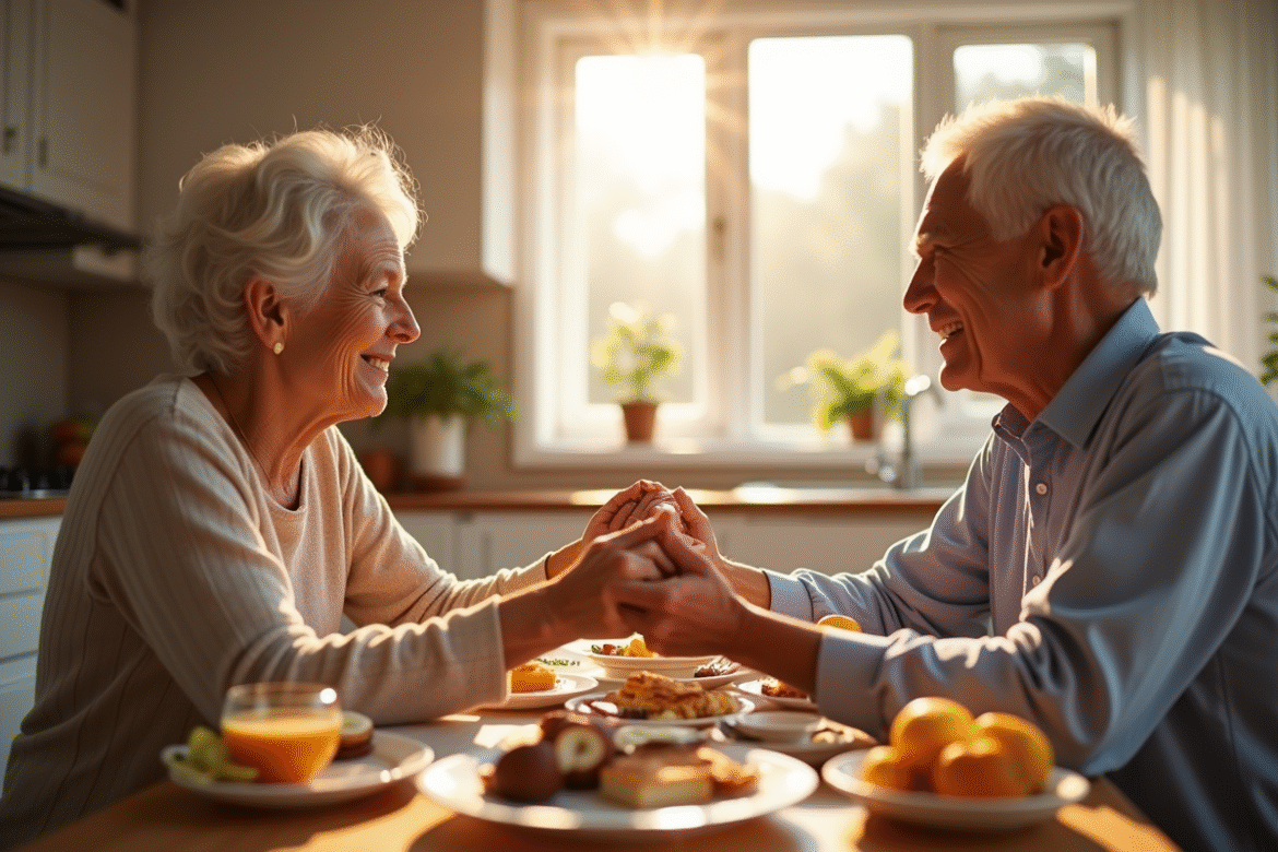 Couple d'âge souriant lors du petit déjeuner en cuisine