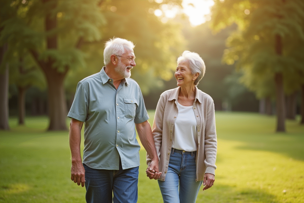 Couple âgé main dans la main dans un parc ensoleille