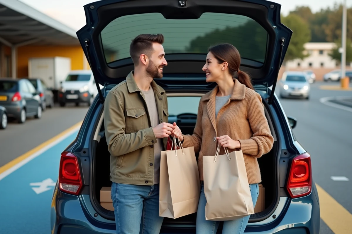 Couple chargeant des courses Carrefour Drive dans leur voiture après avoir utilisé un bon de réduction