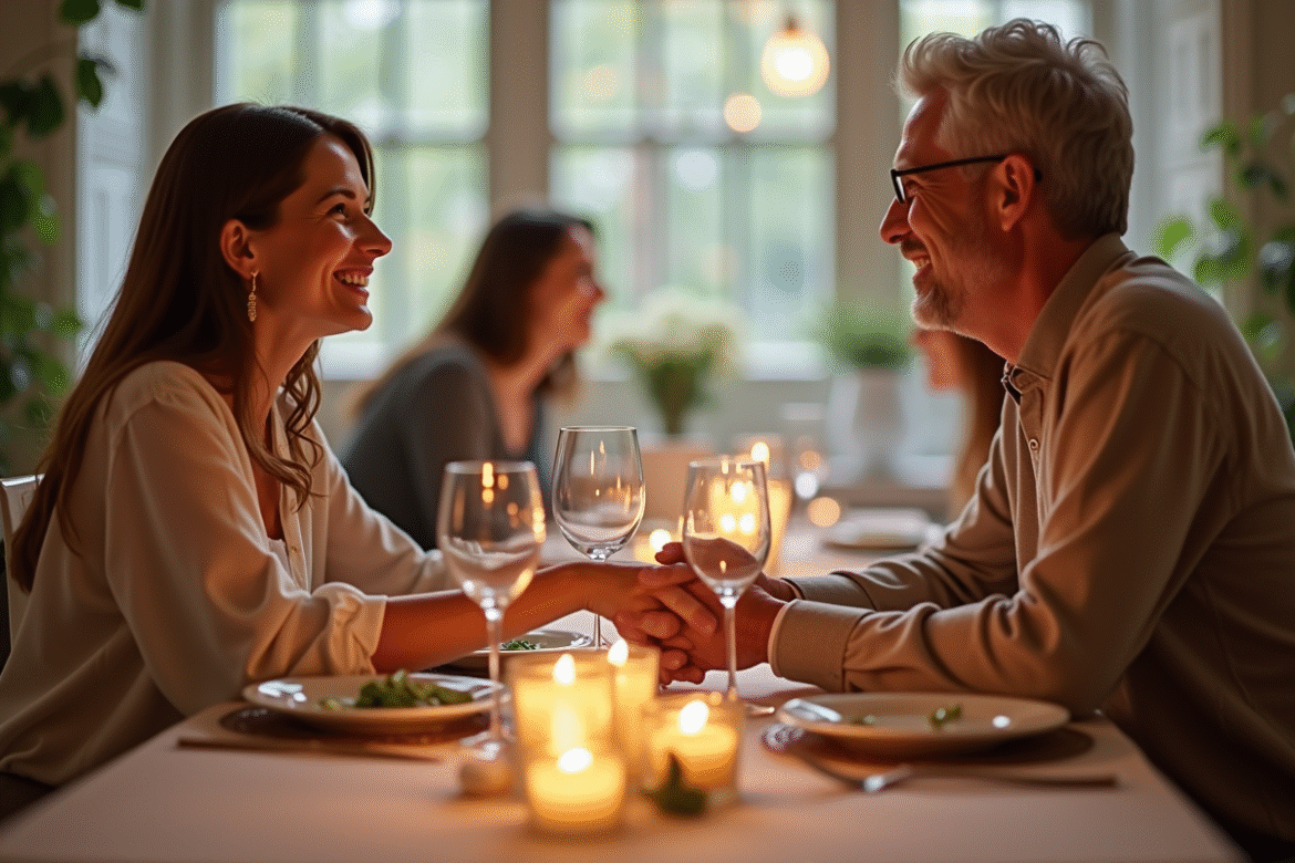 Couple heureux de quarante ans lors d'un dîner romantique