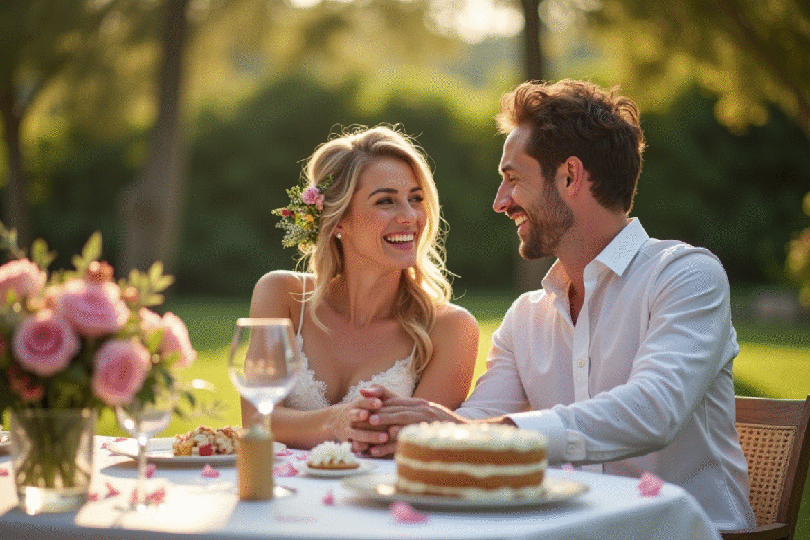 Couple riant dans un jardin ensoleille avec table elegante