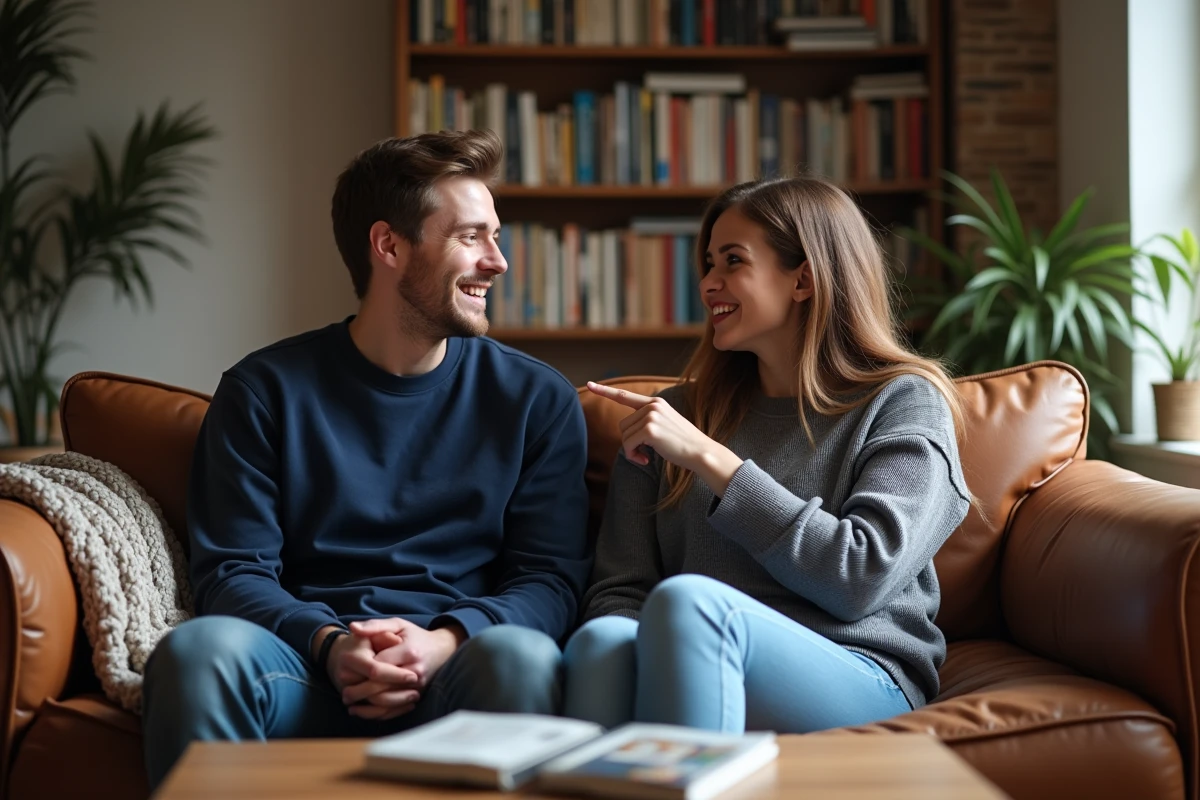 Couple rieur et complice dans un salon cosy, scène décontractée illustrant la tendresse et l'humour des surnoms amoureux entre partenaires