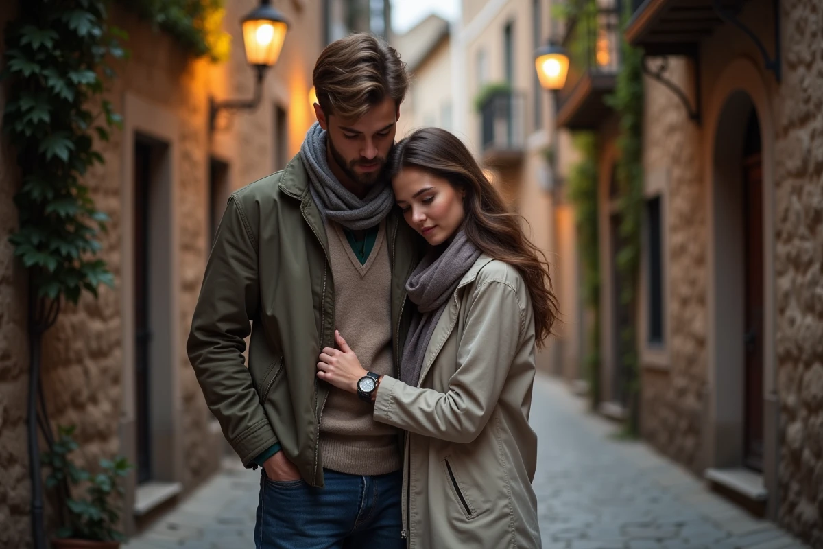 Couple romantique dans une ruelle européenne pavée regardant une montre, évoquant les heures miroirs et les signes de l'amour