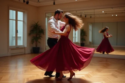 Couple dansant le zouk en studio, femme en robe bordeaux tournoyante, expression de bien-être et de liberté par le mouvement