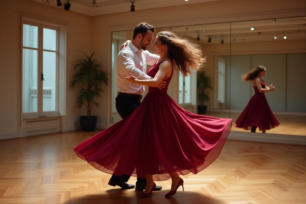 Couple dansant le zouk en studio, femme en robe bordeaux tournoyante, expression de bien-être et de liberté par le mouvement