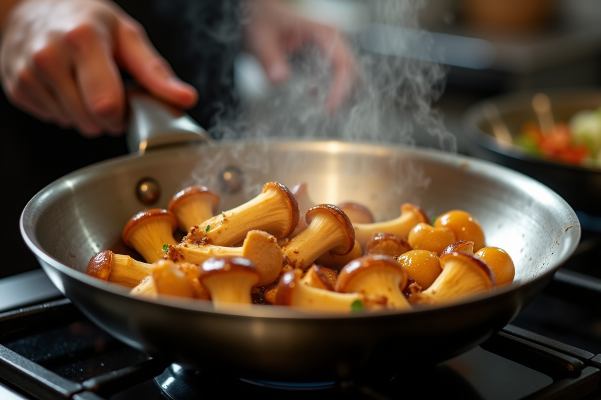 Chef sautant des champignons chanterelle dans une poêle en cuisine