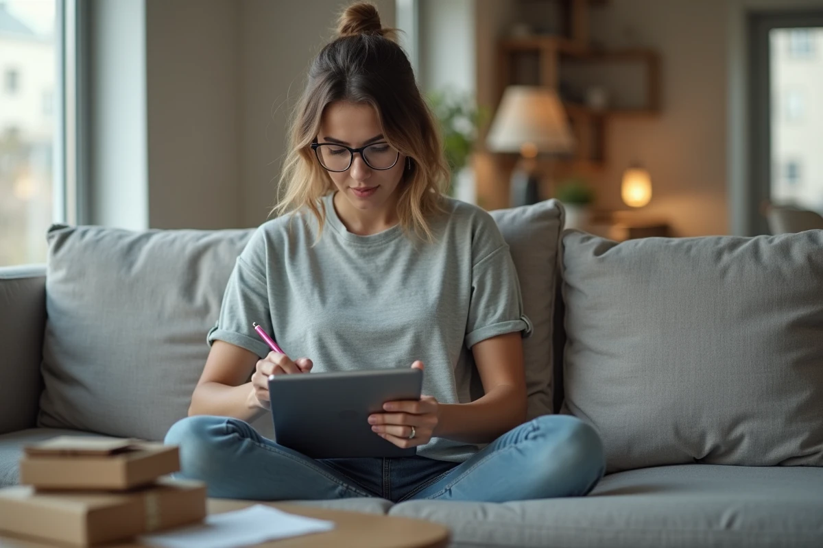 Jeune femme remplissant une demande d'indemnisation service client Vinted Go sur tablette depuis son salon
