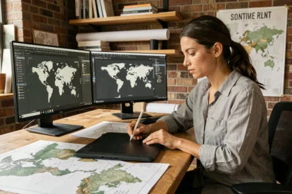 Designer graphique annotant une carte du monde vectorielle vierge sur tablette graphique dans un studio moderne