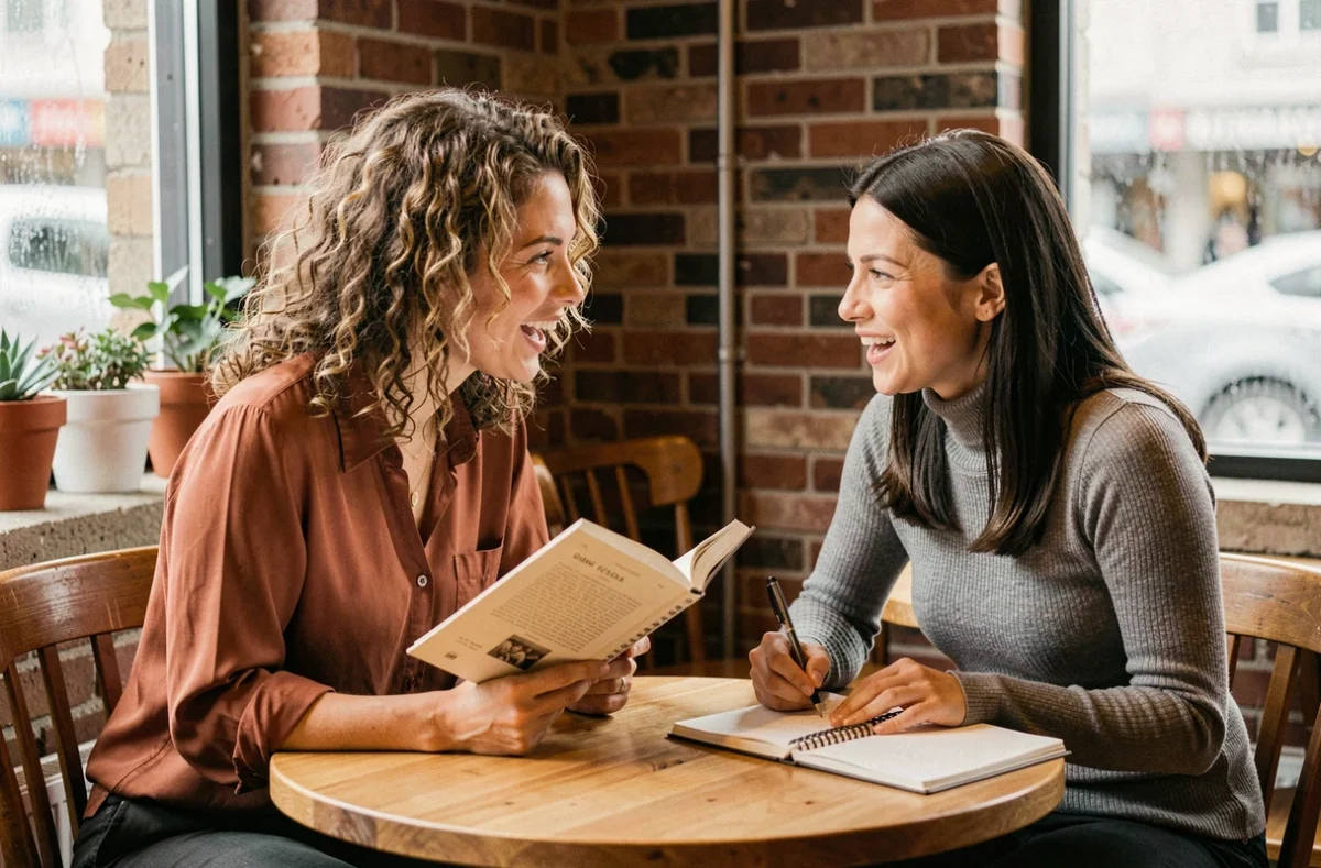 Deux femmes discutant de figures de style autour d'un livre dans un café chaleureux