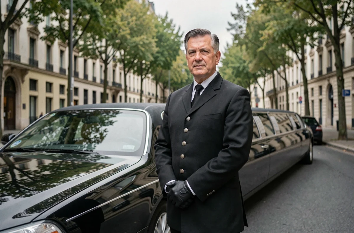 Chauffeur de Dom'Limousine en uniforme classique noir debout à côté d'une limousine noire sur un boulevard élégant de Nantes