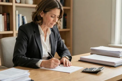 Femme écrivant un chèque ou un document officiel de 150 euros en lettres à son bureau