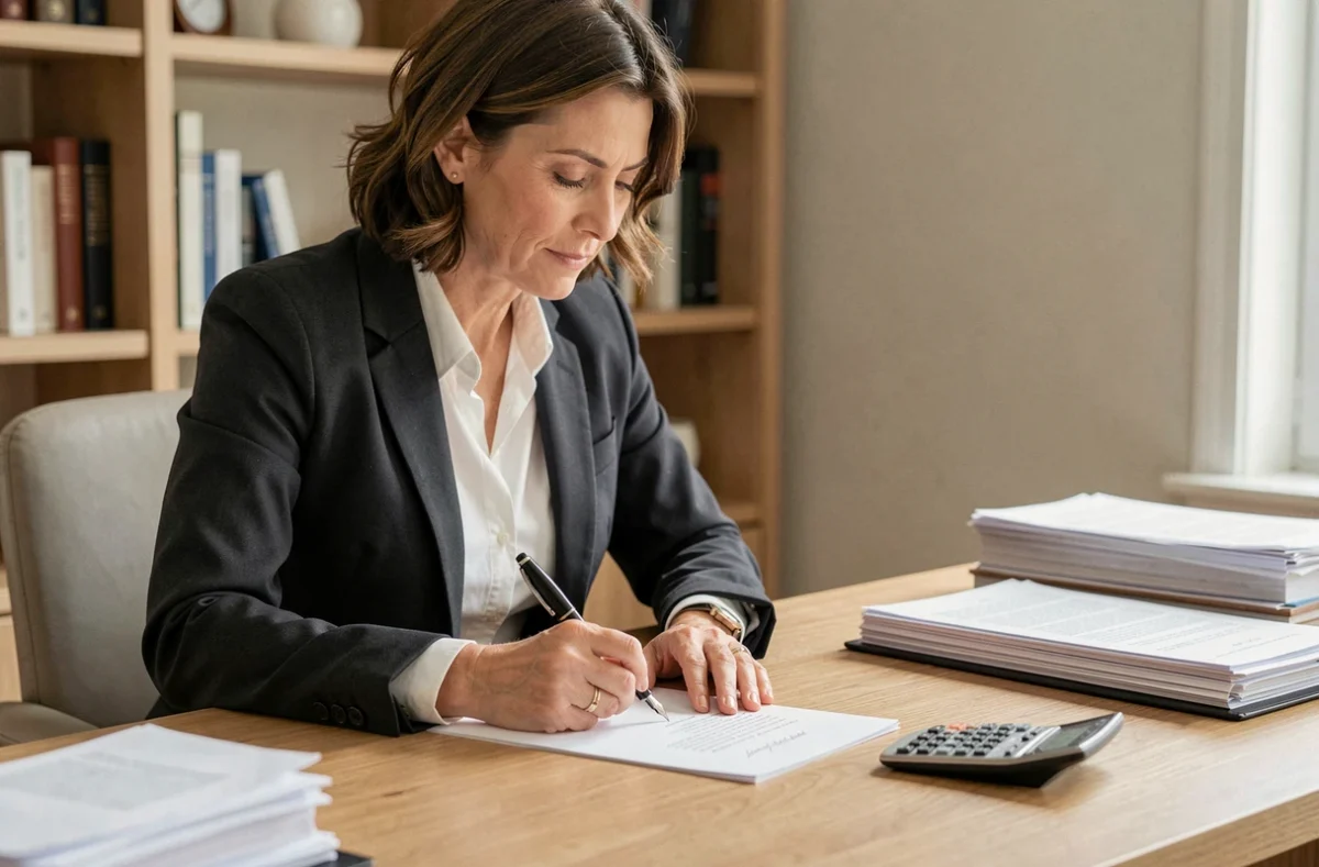 Femme écrivant un chèque ou un document officiel de 150 euros en lettres à son bureau