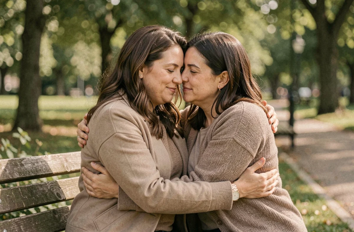 Deux femmes partageant un moment d'empathie authentique sur un banc de parc, l'une réconfortant l'autre avec sincérité