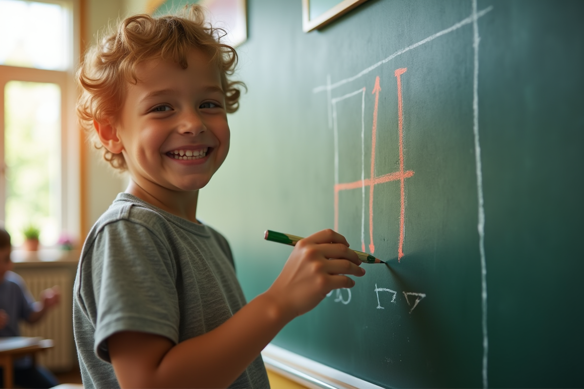 Enfant souriant écrivant son nom avec la lettre H sur un tableau en classe lumineuse