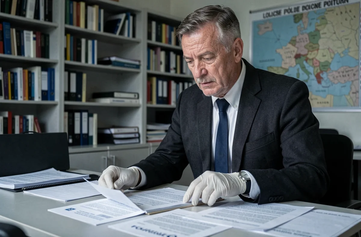 Enquêteur de la police judiciaire française analysant des documents lors d'une enquête sur un suspect d'attentat à Cannes