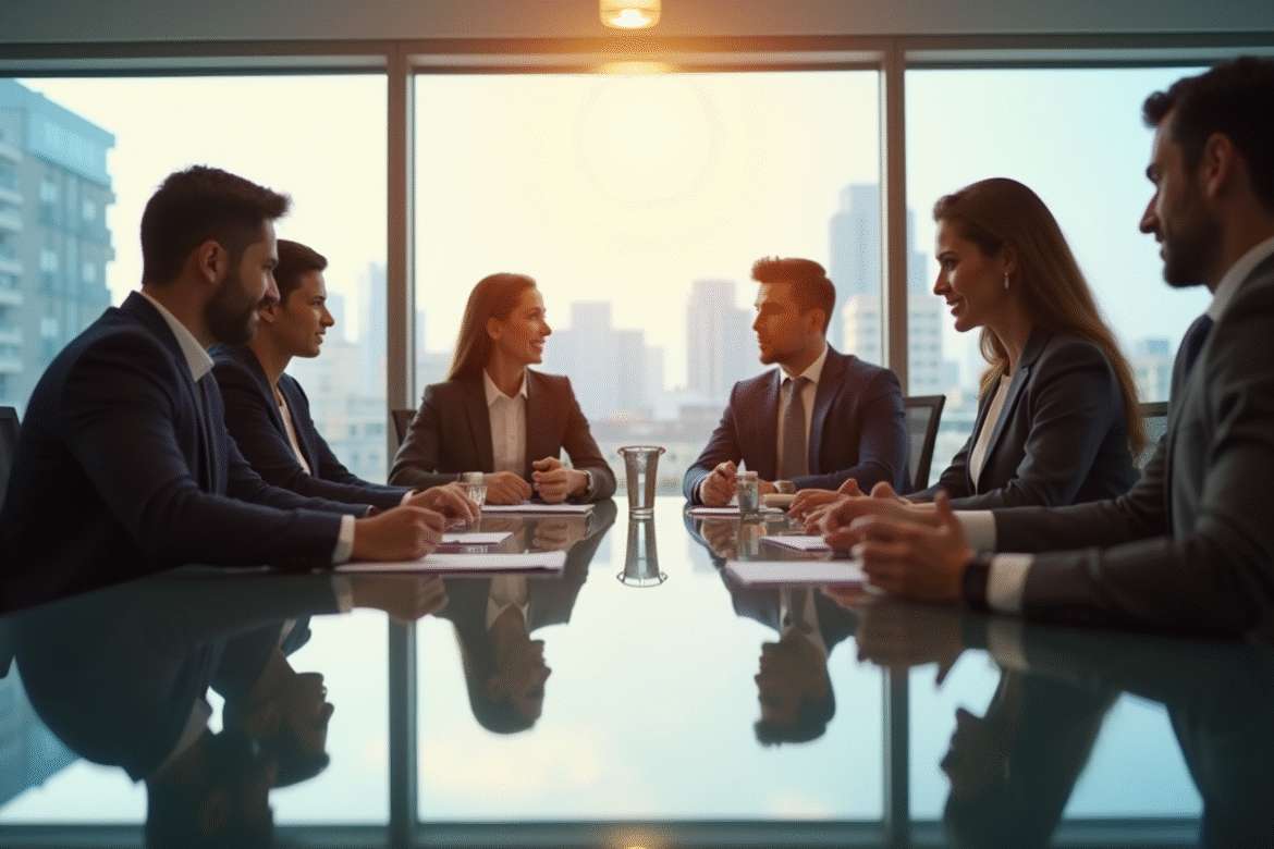 Équipe diversifiée en réunion dans un bureau lumineux