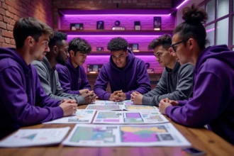 Équipe de joueurs autour d'une table planifiant leur composition pour la Quête Pourpre en gaming lounge
