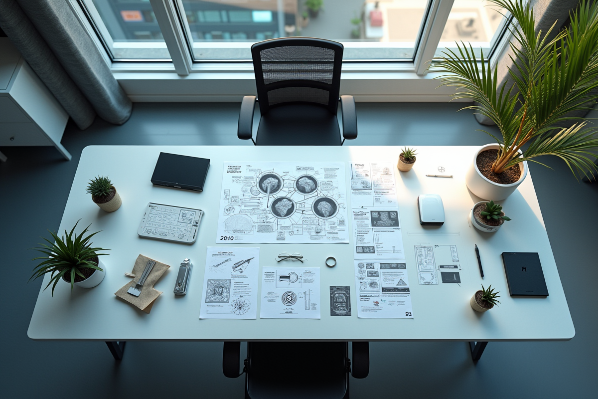Espace de travail futuriste avec technologie et esquisses