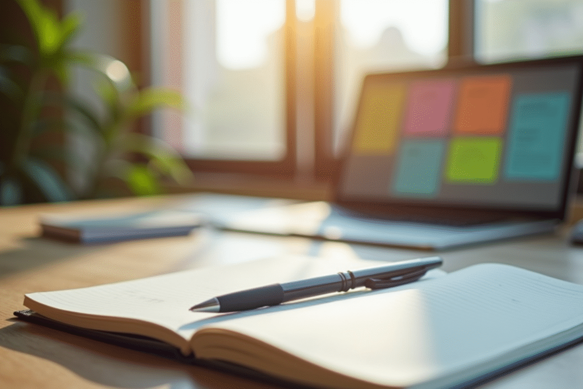 Espace de travail moderne avec notes et stylo