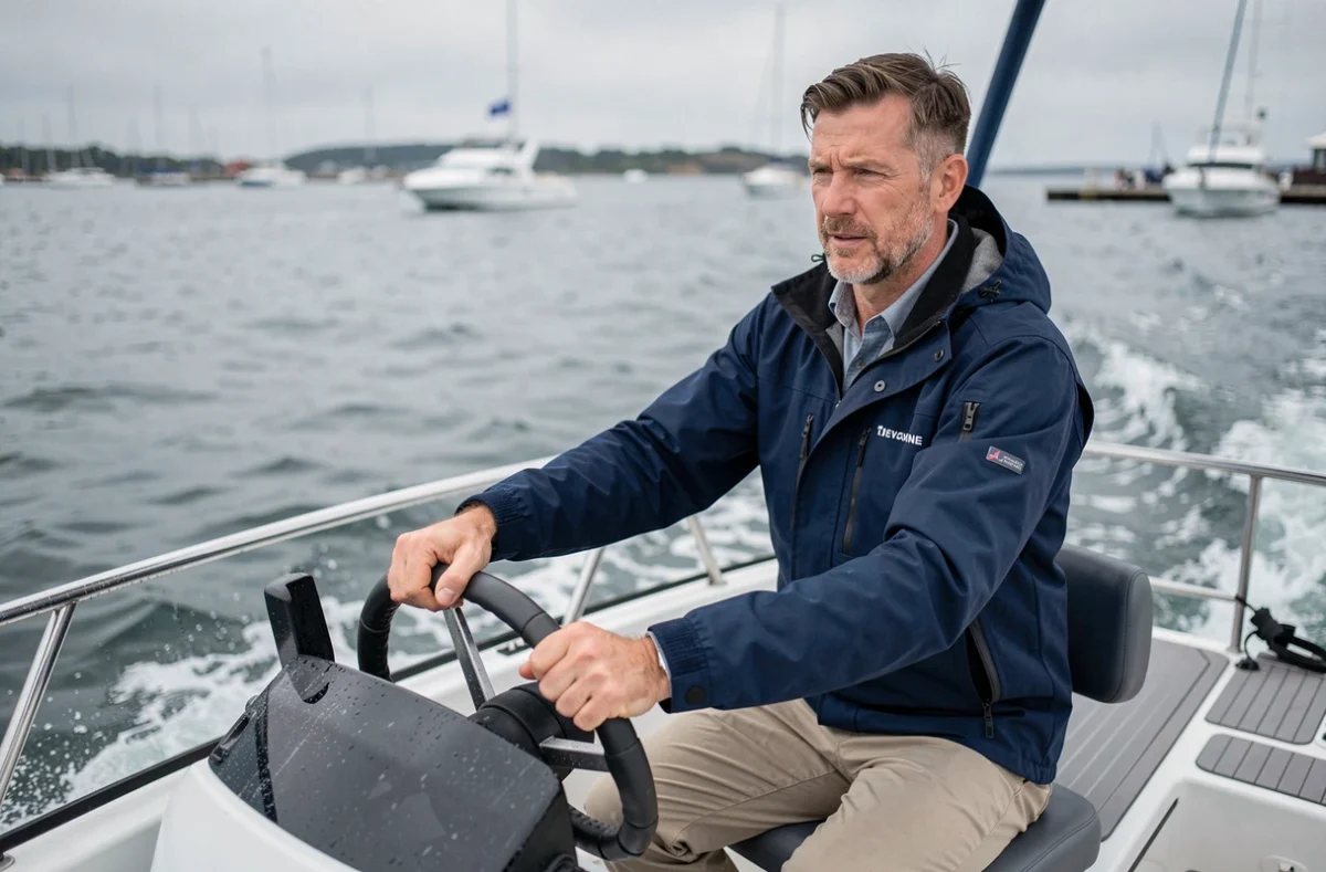 Homme à la barre d'un bateau lors d'un essai en mer au salon nautique