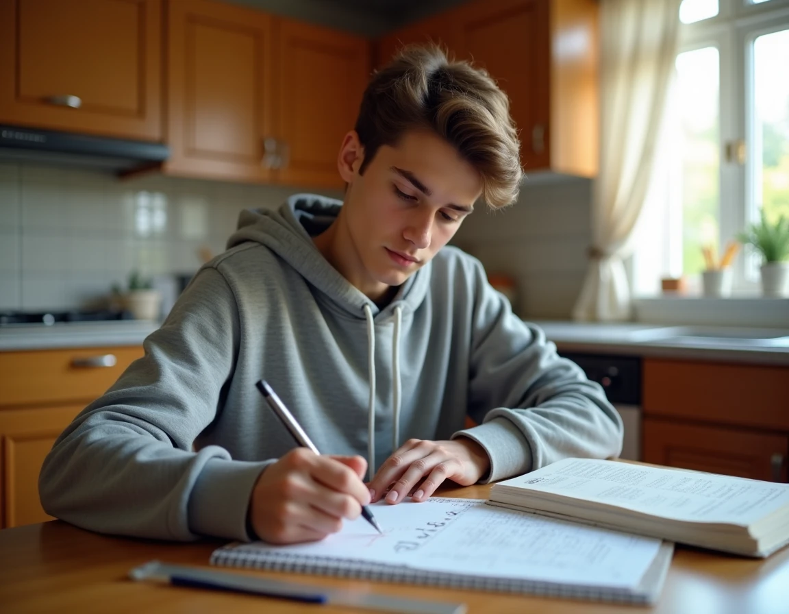 Étudiant résolvant un exercice de conversion de litres en mètres cubes sur du papier quadrillé à la maison