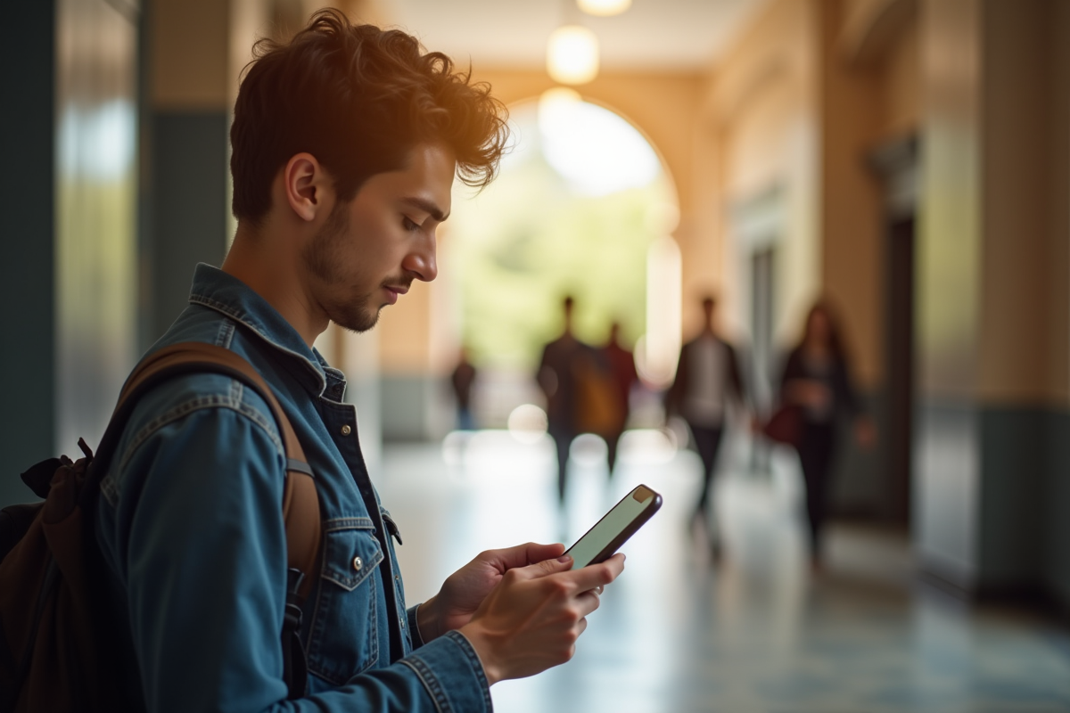 Etudiant dans un couloir lumineux lisant un email sur smartphone
