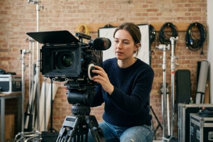 Étudiante en école de cinéma ajustant une caméra professionnelle dans un studio de production audiovisuelle