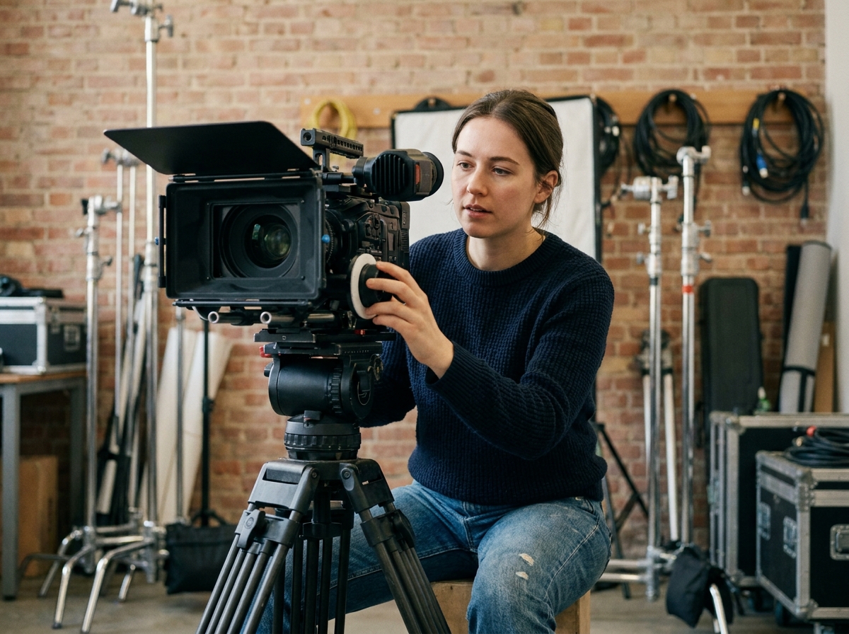 Étudiante en école de cinéma ajustant une caméra professionnelle dans un studio de production audiovisuelle