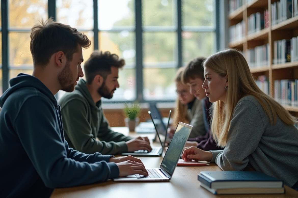 Groupe d'étudiants dans une bibliothèque moderne en ligne