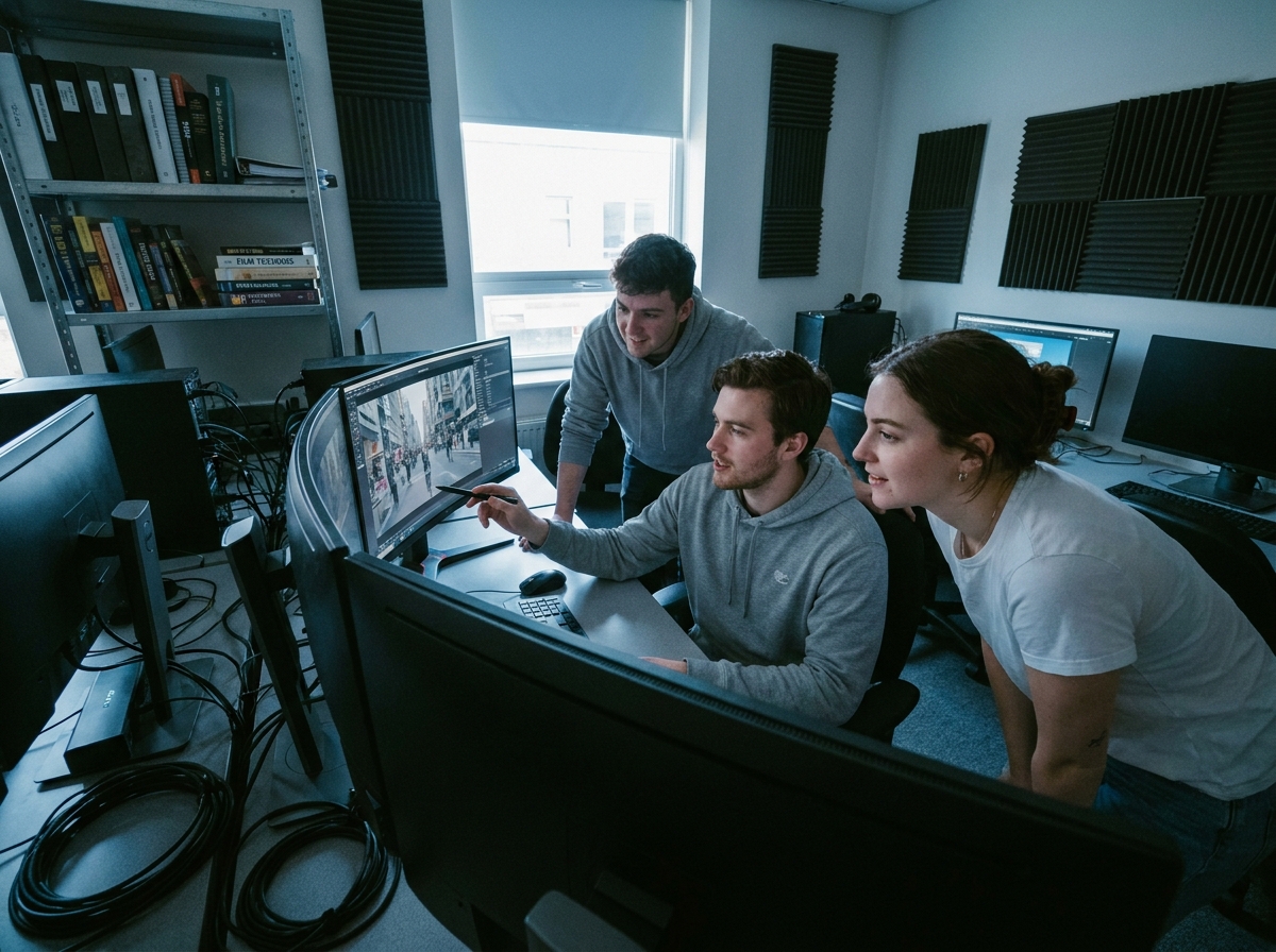 Groupe d'étudiants en audiovisuel analysant une vidéo sur un écran de montage dans une salle de post-production