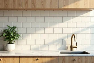 Cuisine moderne avec carrelage en faïence murale artisanale blanche et meubles en chêne naturel