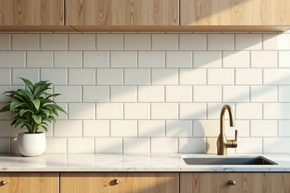 Cuisine moderne avec carrelage en faïence murale artisanale blanche et meubles en chêne naturel
