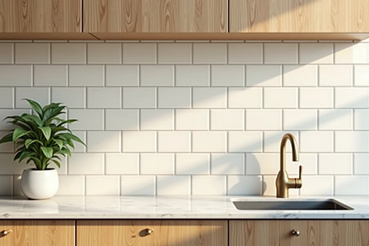 Cuisine moderne avec carrelage en faïence murale artisanale blanche et meubles en chêne naturel