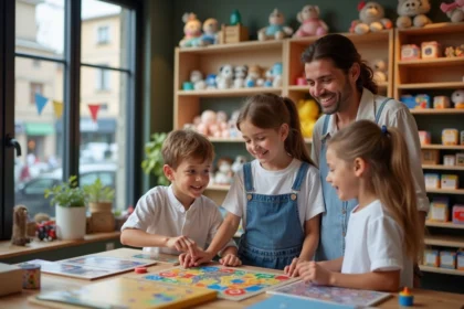 Famille souriante dans un magasin de jouets à Montpellier