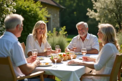 Famille française réunie en pique-nique pour le lundi de Pentecôte 2026 dans un jardin fleuri