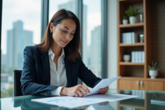 Femme d'affaires confiante en costume navy dans un bureau moderne