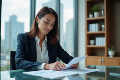 Femme d'affaires confiante en costume navy dans un bureau moderne