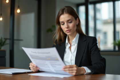 Femme d'affaires regardant des documents fonds d investissement