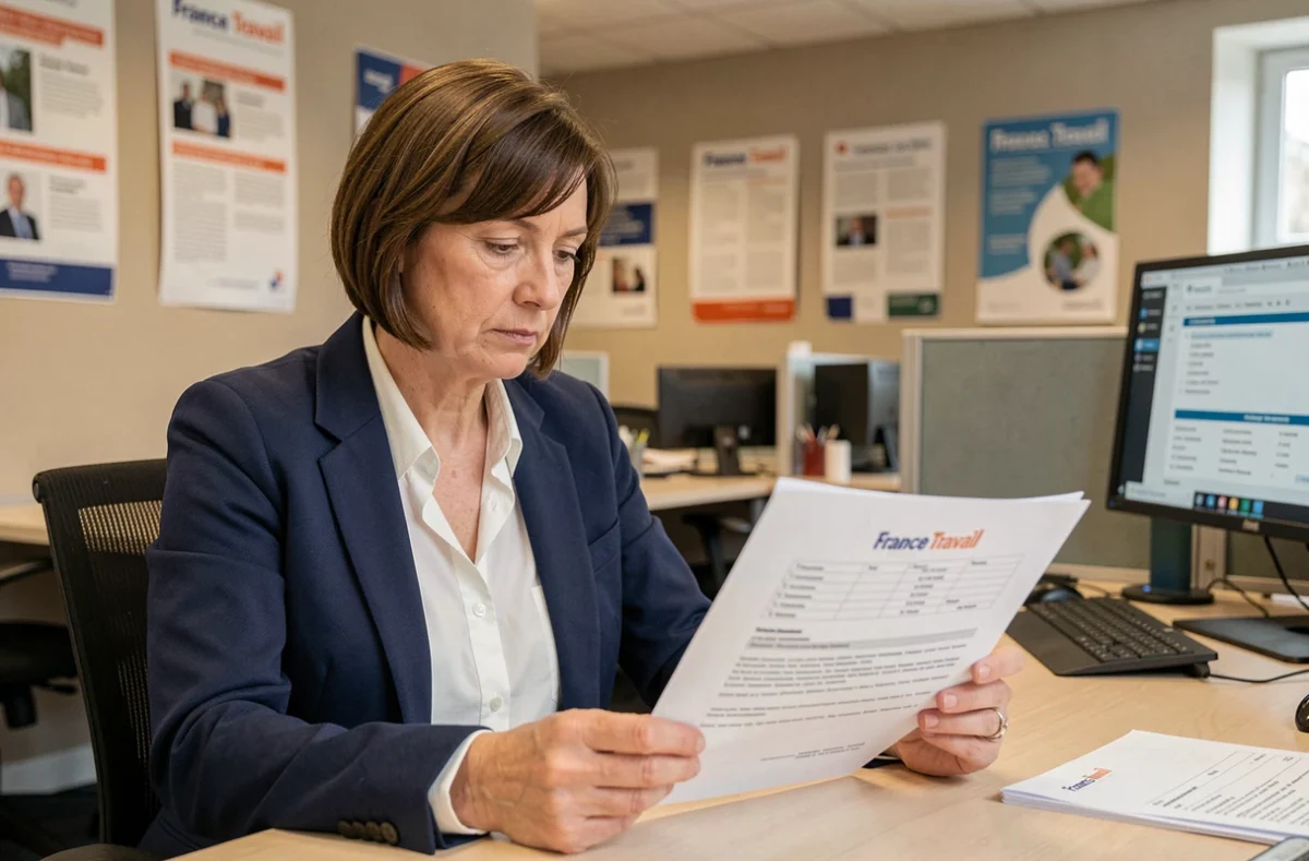 Femme consultant un document administratif dans une agence France Travail lors d'une désinscription en 2026