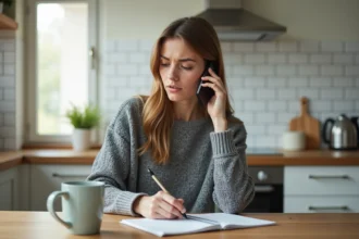 Femme en train d'appeler le service client Uber Eats depuis chez elle avec un smartphone et un bloc-notes