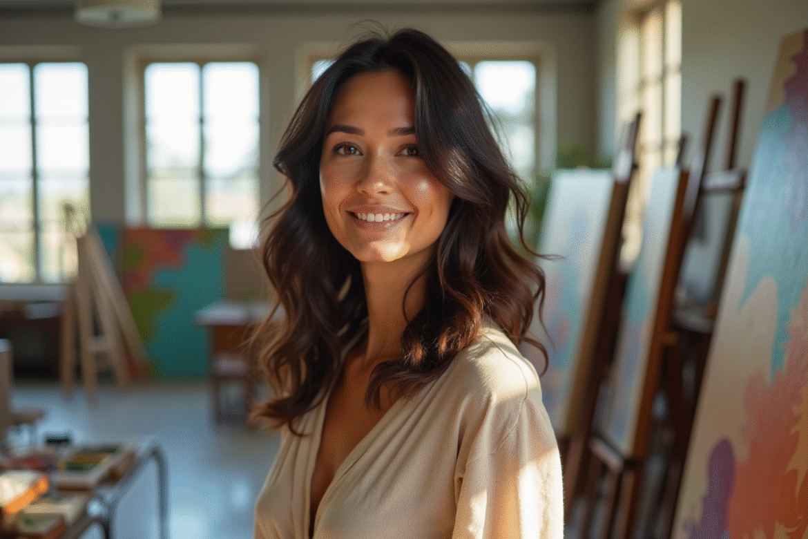 Femme confiante dans son studio d'art lumineux